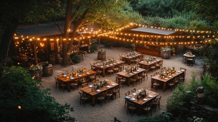 Outdoor Rustic Wedding Reception with String Lights
