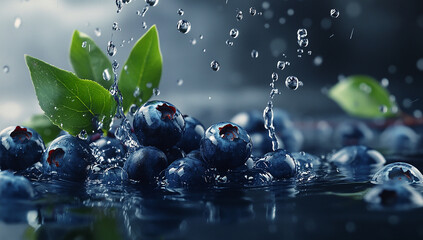 A few blueberries in the water, splashing with sparkling