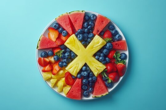 Colorful fruit platter with watermelon, strawberries, blueberries, and pineapple arranged in a decorative pattern on a white plate against a blue background.