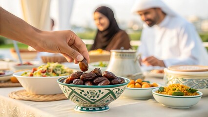 A close-up view of a hand picking a date from a decorative bowl, surrounded by a variety of traditional Middle Eastern dishes on a beautifully arranged dining table. 