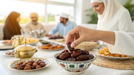 A close-up view of a hand picking a date from a decorative bowl, surrounded by a variety of traditional Middle Eastern dishes on a beautifully arranged dining table. 