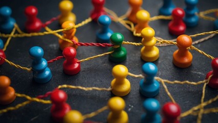 Colorful game pieces that are joined by strings to symbolize cooperation and teamwork in a network. This represents interpersonal communication and connection.