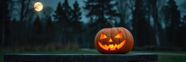 A jack-o-lantern carved pumpkin is placed on a rustic wooden bench outdoors under a moonlit sky with tall trees in the background, foliage, wood