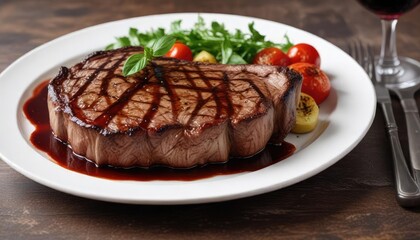 A juicy ribeye steak grilled to perfection and served with a rich red wine reduction sauce made from reduced tomatoes and herbs, herb, ribeye