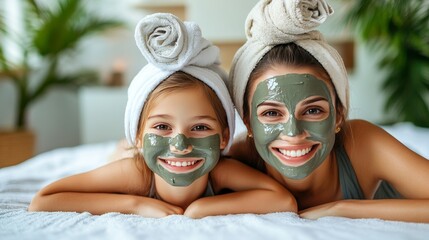 A cheerful mother and daughter with clay face masks and towels on their heads, lying on a white bed, bonding and smiling in a bright, serene room