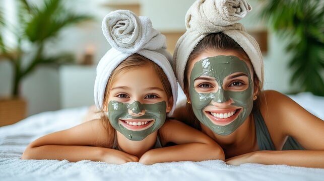 A cheerful mother and daughter with clay face masks and towels on their heads, lying on a white bed, bonding and smiling in a bright, serene room - Powered by Adobe