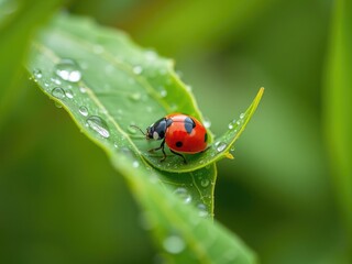 Fototapeta premium A ladybug's intricate details on a fresh green leaf, framed by morning dew that creates a sense of depth and dimension, organic, tiny