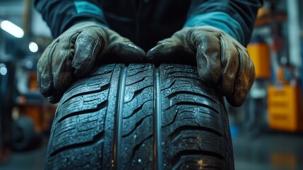 Mechanic Inspecting Car Tire Tread
