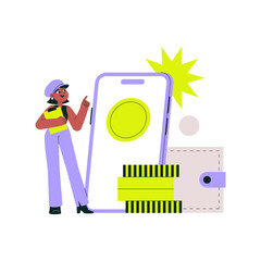 Digital wallet with coins and smartphone in flat vector illustration symbolizing online payments, cryptocurrency transactions, and mobile financial management, isolated on white background.