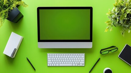Minimalist Green Desk Setup with Computer, Plants, and Accessories Flat Lay