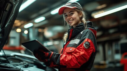 Confident female mechanic in a vibrant red uniform smiling while using a tablet, standing in a well-lit auto repair workshop.
