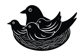 Silhouette illustration of a mother bird and her chicks in their cozy nest.eps