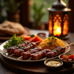 Fototapeta premium Grilled kebabs with sides and vegetables on table