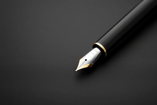 Elegant black fountain pen with a golden nib placed on a dark background in a minimalistic setting