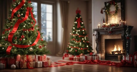A beautiful Christmas tree wrapped in a stylish red ribbon with ornaments and lights, lights, red ribbon