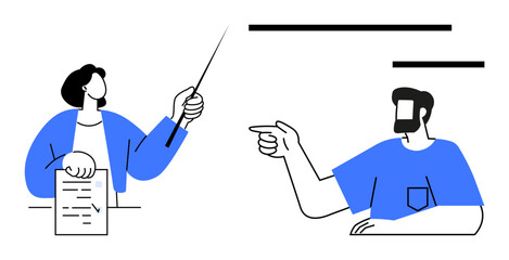 Two individuals interacting one holds a document and a pointer stick, the other one points with his hand. Ideal for communication, teamwork, education, collaboration, leadership, instruction