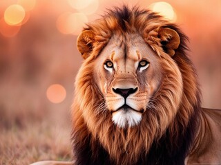 Fototapeta premium portrait of a lion , A lion sitting solemnly and looking ahead.