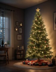 A beautifully decorated Christmas tree in a darkened room with only soft fairy lights glowing, cozy, garlands, warm glow