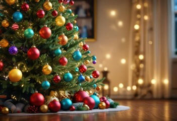 A beautifully decorated Christmas tree with a radiant glow emanating from its twinkling lights and colorful glass balls, glittering christmas tree, winter