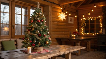 A beautifully decorated Christmas tree is situated on a rustic wooden table in a cozy cabin, , candles