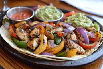 Grilled chicken fajitas with bell peppers, onions, salsa, and guacamole on a warm tortilla.