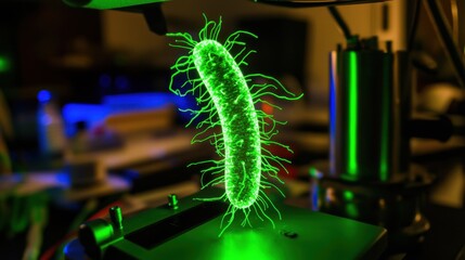 Fototapeta premium A Mesmerizing Visualization of a Bacterial Cell Projected in Vibrant Green, Showcasing Intricate Details in a Laboratory Environment Under Simulated Light Effects