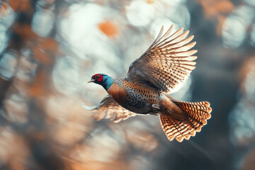 Bird flying with wings spread gracefully across a clear blue sky.