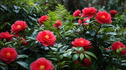 Vibrant Middlemist Red Camellias Flourishing in a Colorful Garden Setting