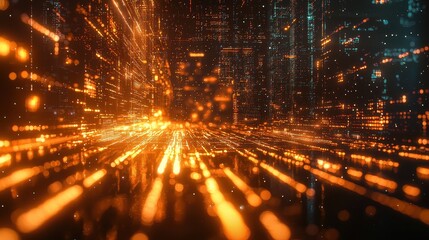 Dynamic light trails and data flow digital realm abstract visualization futuristic environment drone perspective technology concept