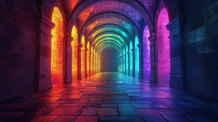 Obraz premium Vibrant rainbow arches ancient stone corridor digital artwork mysterious atmosphere perspective view colorful illumination