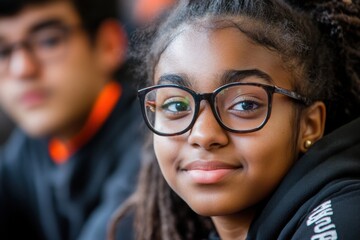 Focused Adolescent Girl: Close-up portrait of a young Black girl wearing glasses, her gentle smile and attentive gaze suggesting intelligence and confidence.