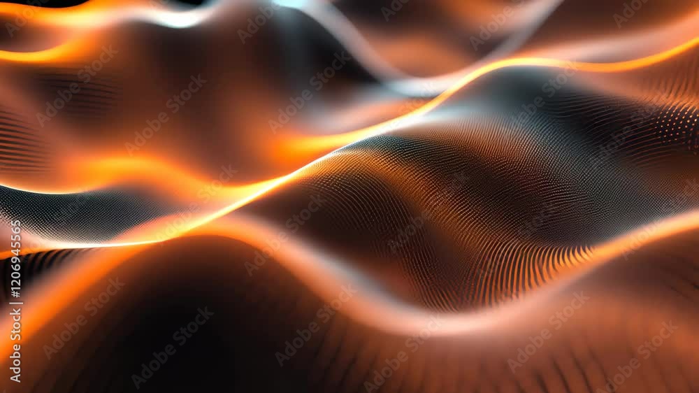 Wall mural exploring the dynamics of an abstract digital wave with glowing orange reflections, abstract digital