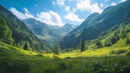 Fototapeta premium Lush Green Mountain Valley with Sunny Sky and Clouds