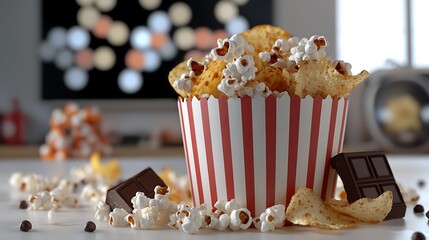 Popcorn, chips, and chocolate on table, movie night at home