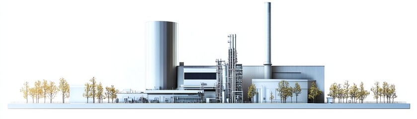 Industrial building complex, white isolated background