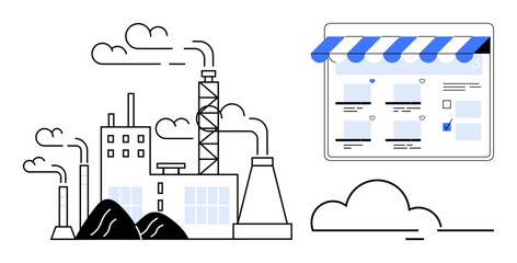 Industrial factory with chimneys emitting smoke sits beside an online storefront displaying product listings. Ideal for e-commerce, industrial evolution, digital marketplace, modernization