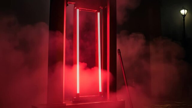 Eerie illuminated guillotine shrouded in fog and darkness at night, Dark, eerie scene featuring illuminated guillotine with red neon lights and surrounding mist