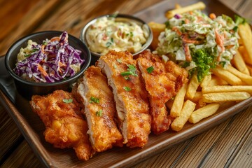 Fototapeta premium Crispy fried fish fillet with french fries and coleslaw.