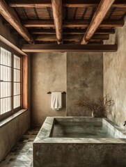 Serene Minimalist Bathroom Featuring Concrete Tub and Wooden Beams