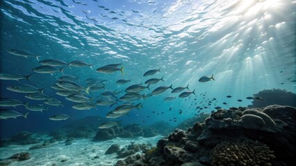 A dramatic underwater scene featuring a school of fish swimming through the crystal-clear waters, aquatic plants, marine life