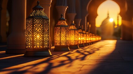 Illuminated Lanterns at Sunset in a Courtyard