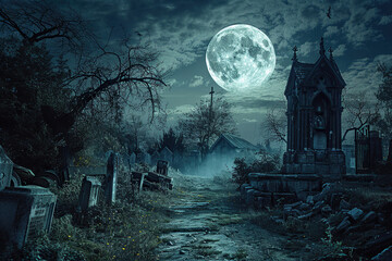 Fantastically mysterious cemetery with tombstones and terribly scary atmosphere, abstract vivid composition consists of fictional unreal fantastic vision on background