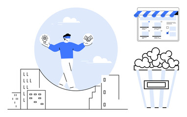 Person balancing light bulb and handshake icons over cityscape, web interface, and popcorn bucket. Ideal for innovation, digital marketing, entertainment, urban life, online business, creativity