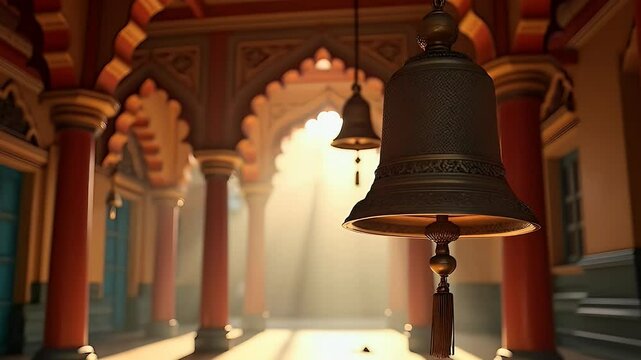 An intricate shot of golden bells hanging in a Hindu temple, gently swaying in the breeze, with sunlight filtering through carved arches and faint chimes resonating in the serene atmosphere.

