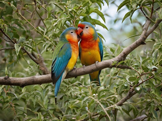 Obraz premium colorful lovebirds perched on a tree branch, displaying vibrant plumage with shades of blue, orange, and yellow, set against a soft, blurred green background