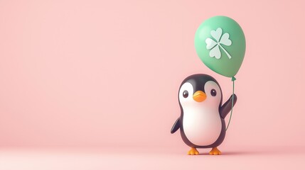 Obraz premium Cheerful Penguin Holding Green Balloon for Festive