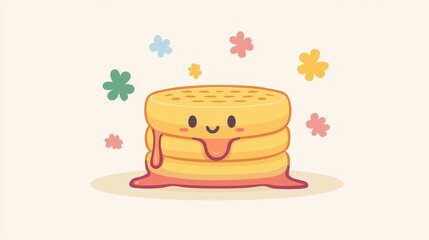 Cheerful Stacked Waffles with Dripping Syrup and Floral Accents