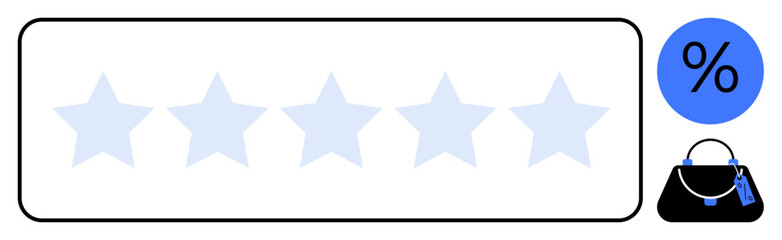 Five-star rating in a rectangular box, blue discount circle, black shopping bag with blue tag. Ideal for customer satisfaction, e-commerce, online shopping, reviews, retail, consumer feedback