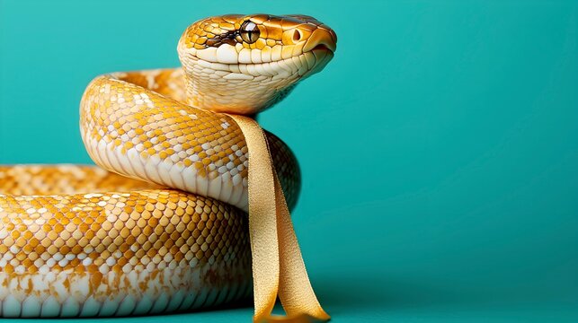 Close-up of a Yellow Python on a Teal Background