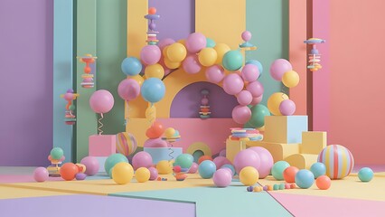 Fototapeta premium Abstract colorful geometric background multicolored balls balloons primitive shapes minimalistic design pastel colors palette party decoration